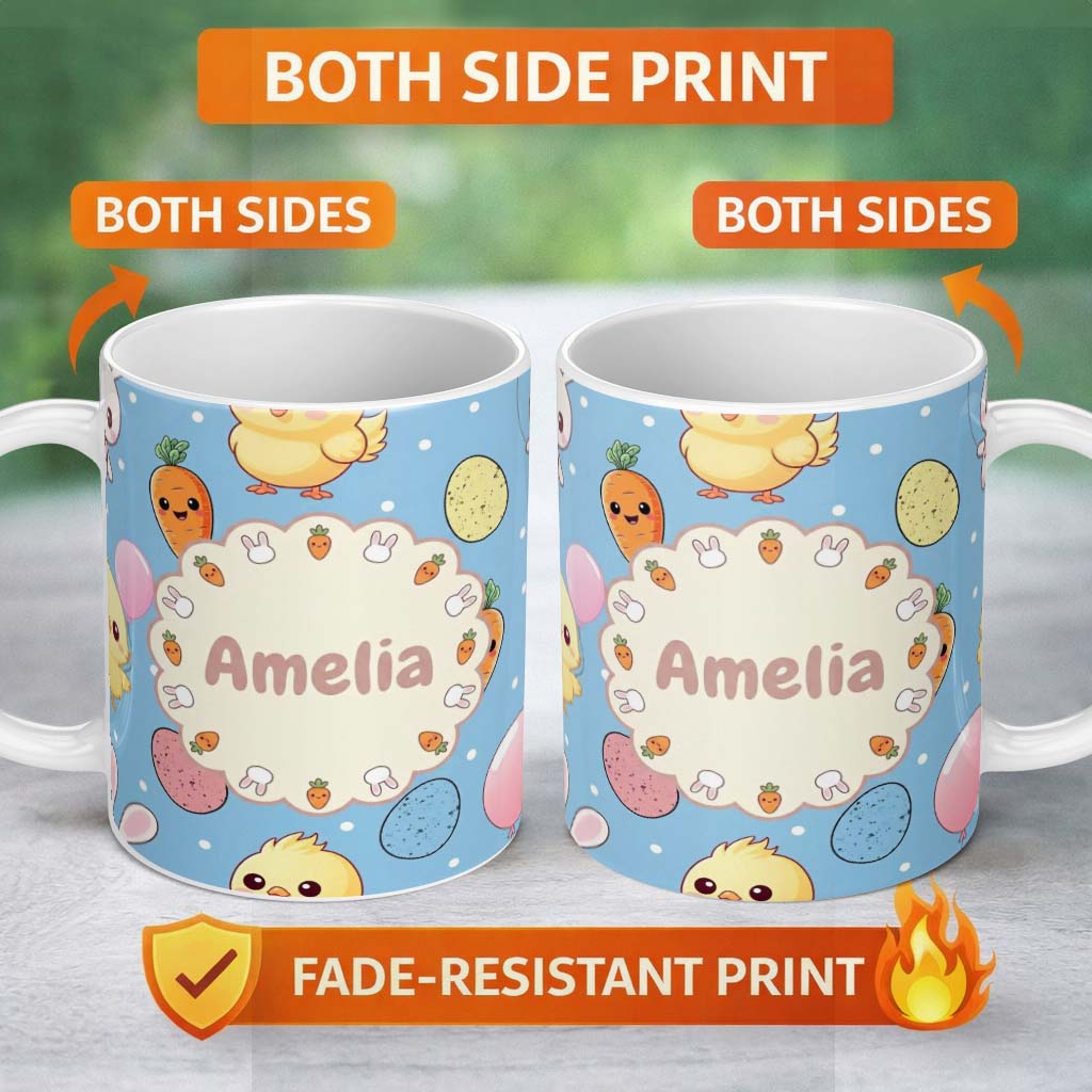 Personalized Custom Name Cute Easter Bunny Chick Carrots Eggs Polka Dot Seamless Pattern Blue 11oz Ceramic Coffee Tea Mug White Large Handle