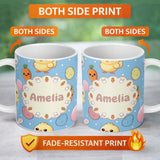Personalized Custom Name Cute Easter Bunny Chick Carrots Eggs Polka Dot Seamless Pattern Blue 11oz Ceramic Coffee Tea Mug White Large Handle