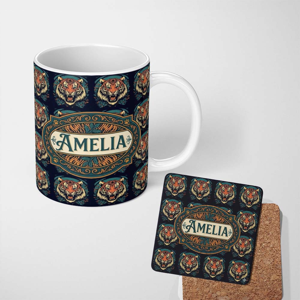 Personalized Custom Name Roaring Tiger Head Bold Wildlife Seamless Pattern Cute Unique Gift 11oz Ceramic Coffee Tea Mug White Large Handle