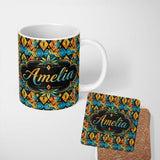 Personalized Custom Name Bold Abstract Diamond Tribal Black Background Seamless Pattern 11oz Ceramic Coffee Tea Mug White Large Handle
