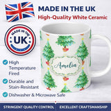 Personalized Custom Name Watercolor Christmas Trees with Lights in Pots Cute Holiday Seamless 11oz Ceramic Coffee Tea Mug White Large Handle