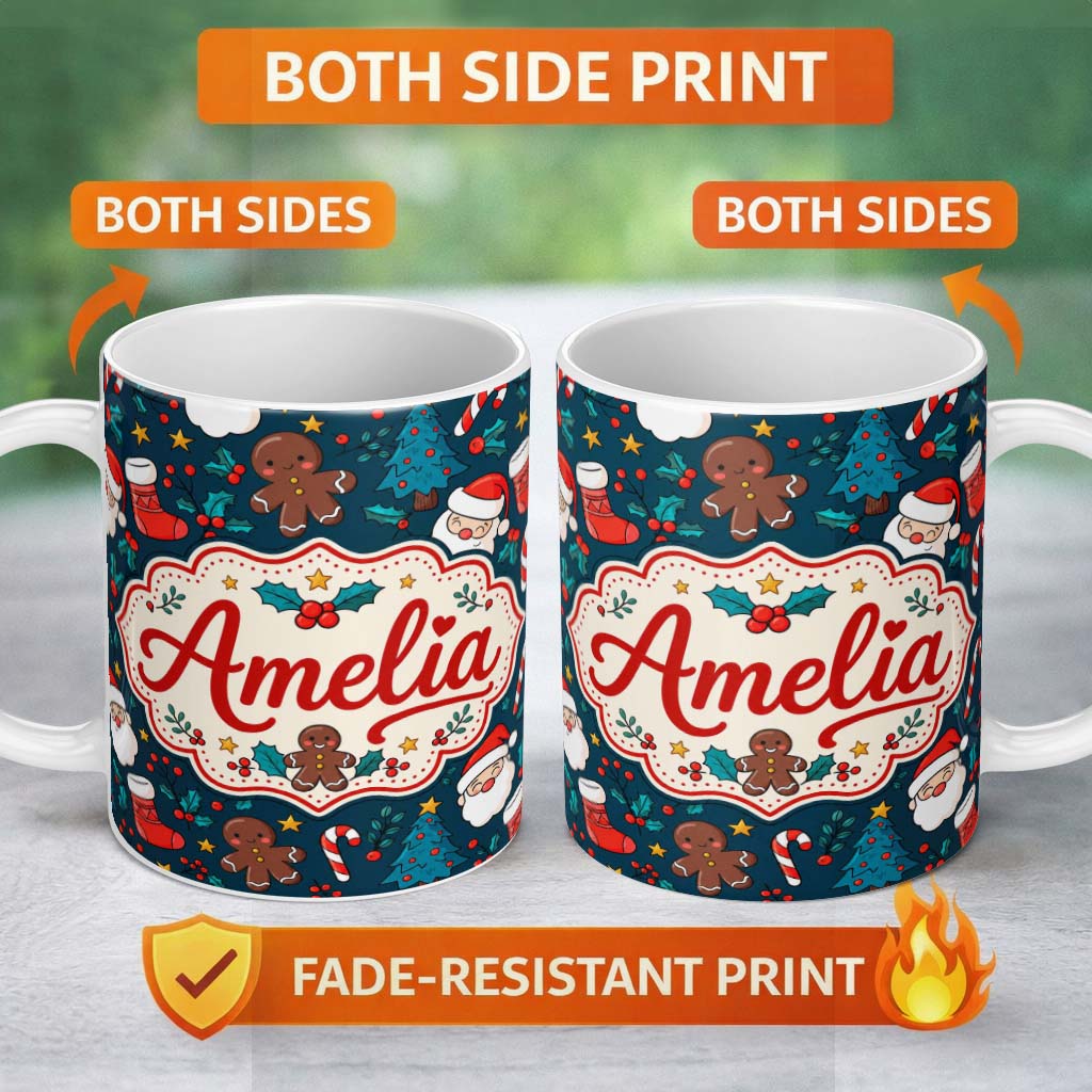 Personalized Custom Name Cute Gingerbread Santa Tree Candy Cane Seamless Pattern Christmas 11oz Ceramic Coffee Tea Mug White Large Handle
