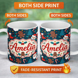 Personalized Custom Name Cute Gingerbread Santa Tree Candy Cane Seamless Pattern Christmas 11oz Ceramic Coffee Tea Mug White Large Handle