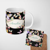 Personalized Custom Name Pastel Watercolor Butterflies White Background Seamless Pattern 11oz Ceramic Coffee Tea Mug White Large Handle