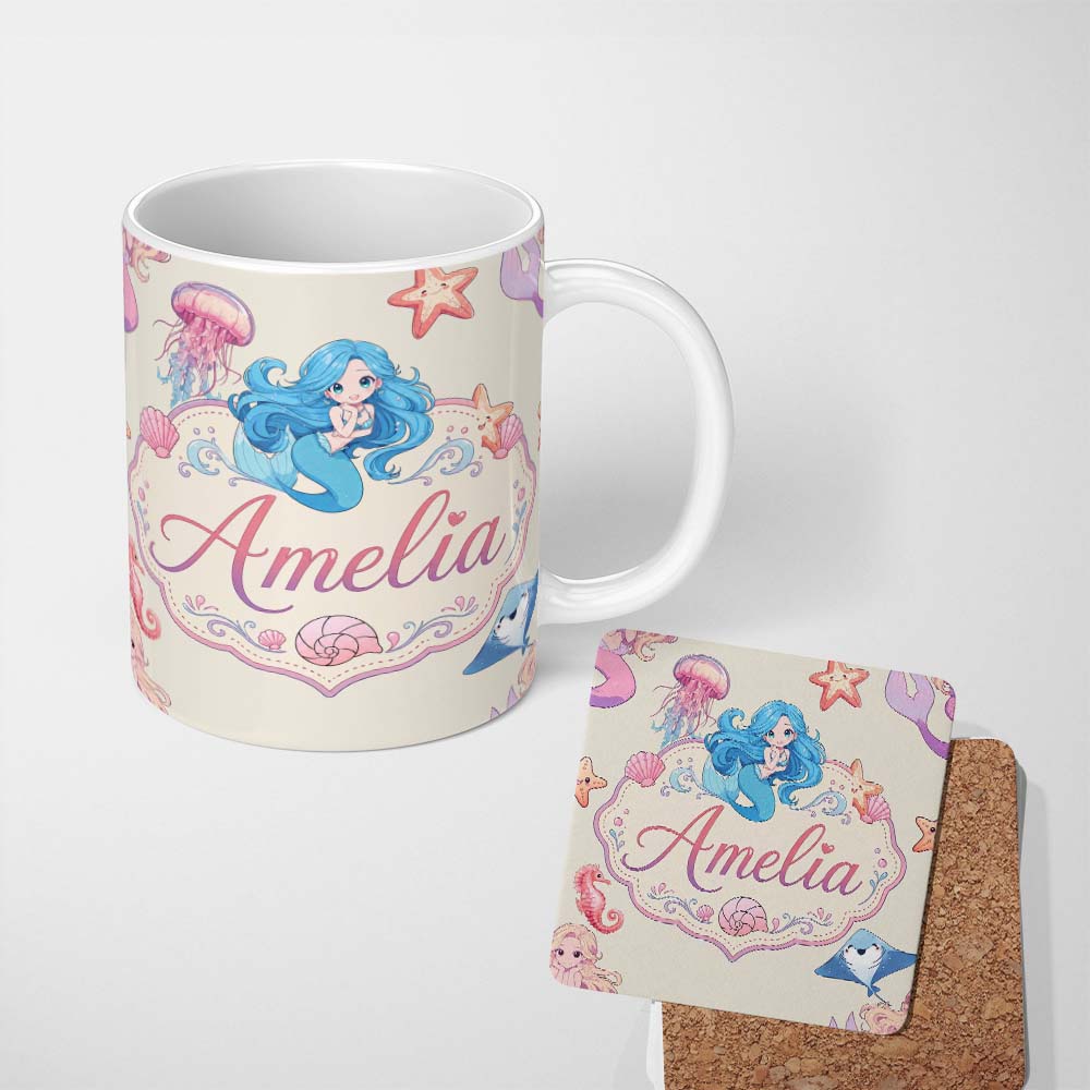 Personalized Custom Name Cute Cartoon Mermaid and Sea Creatures Seamless Pattern Lovely 11oz Ceramic Coffee Tea Mug White Large Handle