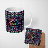 Personalized Custom Name Bright Psychedelic Floral Scroll Damask Seamless Pattern Lovely 11oz Ceramic Coffee Tea Mug White Large Handle