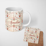 Personalized Custom Name Delicate Hanging Christmas Baubles Leaves Garland Seamless Pattern 11oz Ceramic Coffee Tea Mug White Large Handle