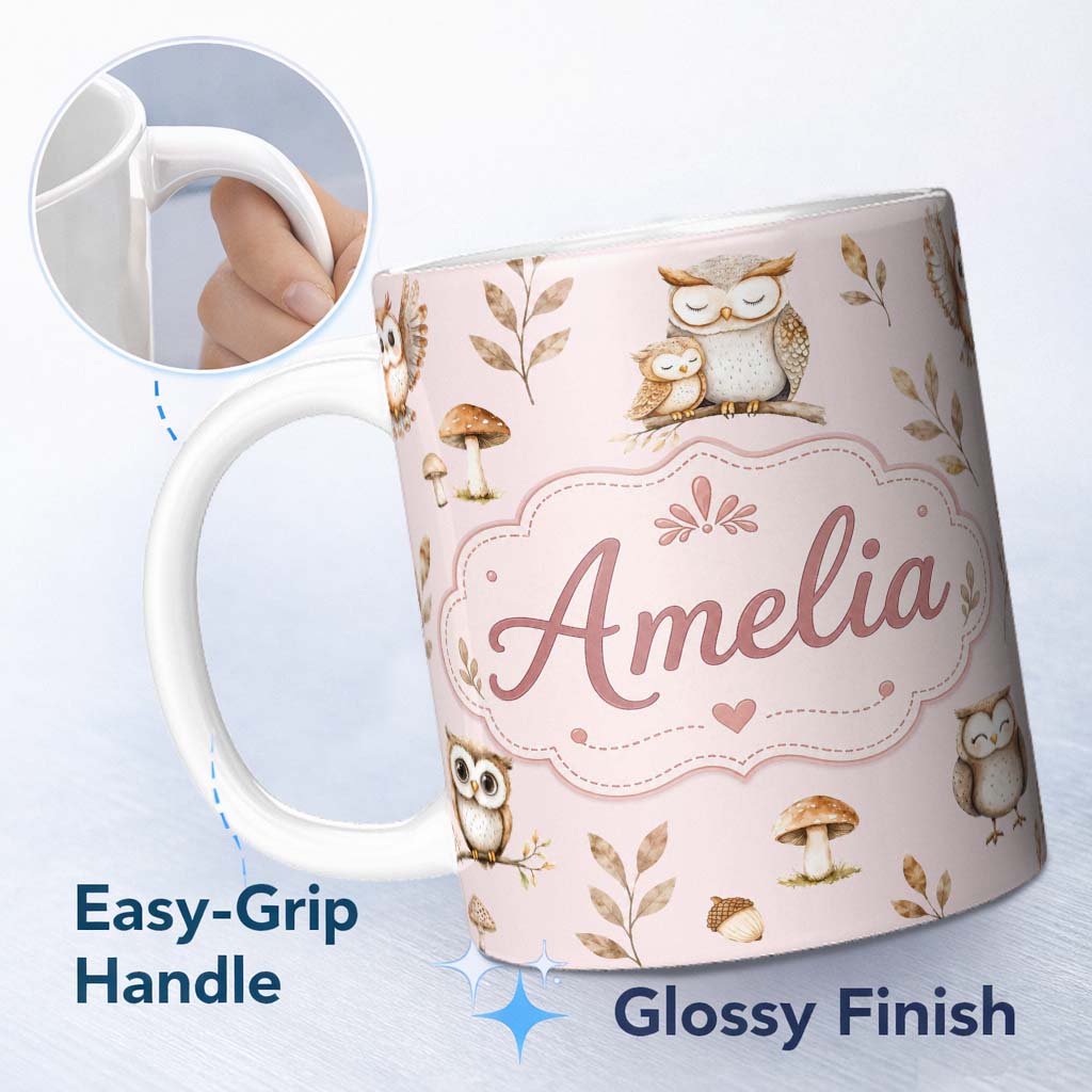 Personalized Custom Name Cute Woodland Owls Mushrooms and Leaves Soft Beige Background Lovely 11oz Ceramic Coffee Tea Mug White Large Handle