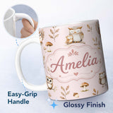 Personalized Custom Name Cute Woodland Owls Mushrooms and Leaves Soft Beige Background Lovely 11oz Ceramic Coffee Tea Mug White Large Handle
