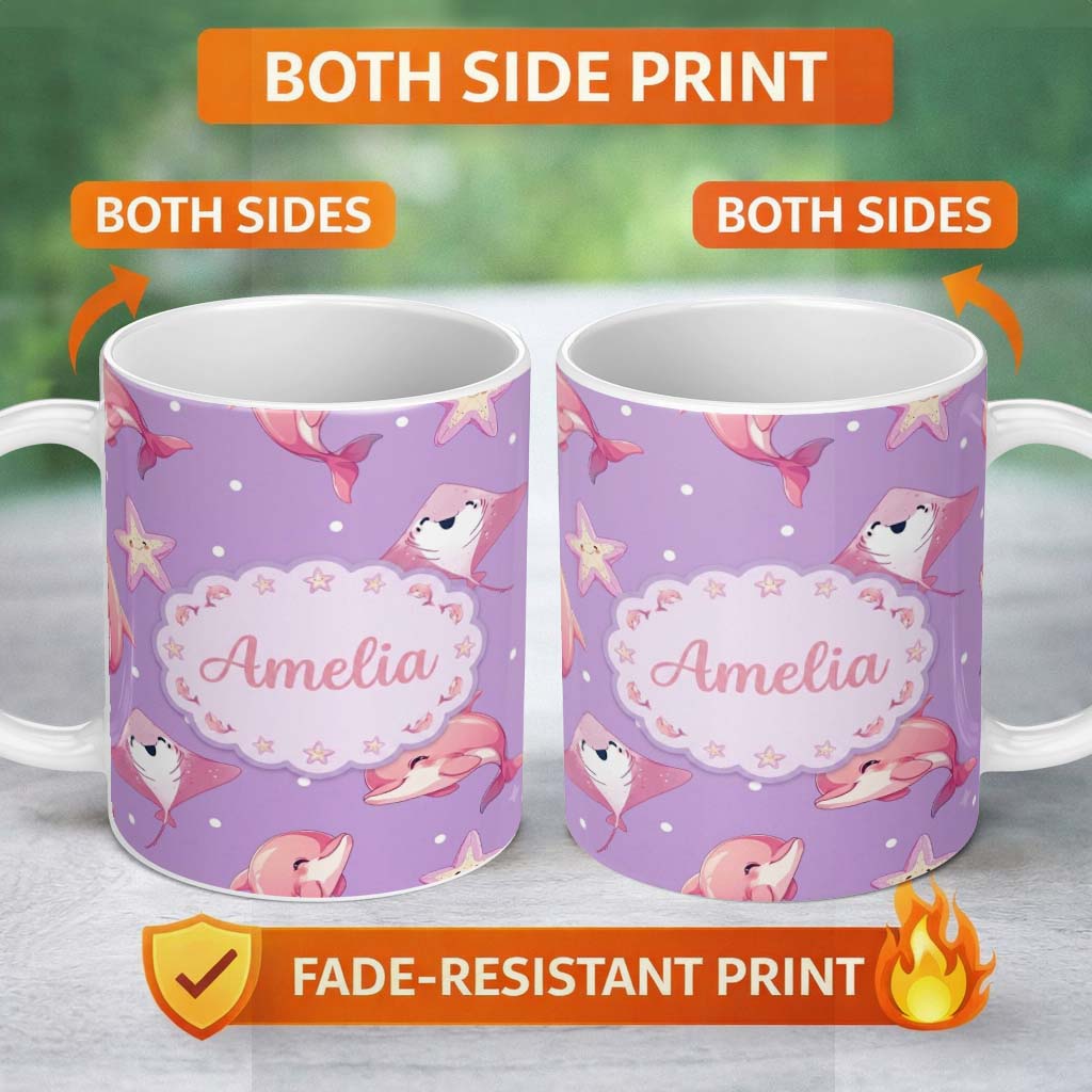 Personalized Custom Name Pink Dolphin Stingray Starfish Ocean Creatures Purple Polka Dot 11oz Ceramic Coffee Tea Mug White Large Handle