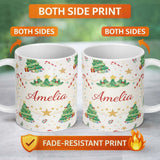 Personalized Custom Name Watercolor Christmas Tree Candy Cane Pattern Festive Seamless Design 11oz Ceramic Coffee Tea Mug White Large Handle