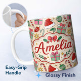 Personalized Custom Name Cute Christmas Gifts Candy Canes Baubles Santa Hat Festive Seamless 11oz Ceramic Coffee Tea Mug White Large Handle