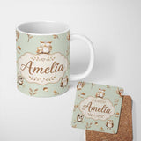 Personalized Custom Name Cute Woodland Owls Mushrooms and Leaves Sage Green Background Lovely 11oz Ceramic Coffee Tea Mug White Large Handle