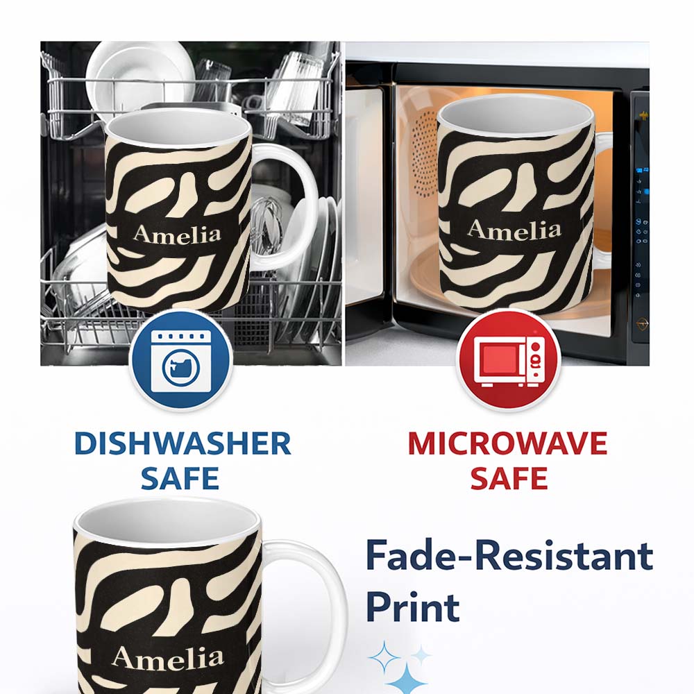Personalized Custom Name Fluid Zebra Waves Black Cream Organic Stripe Pattern Lovely 11oz Ceramic Coffee Tea Mug White Large Handle