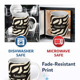 Personalized Custom Name Fluid Zebra Waves Black Cream Organic Stripe Pattern Lovely 11oz Ceramic Coffee Tea Mug White Large Handle
