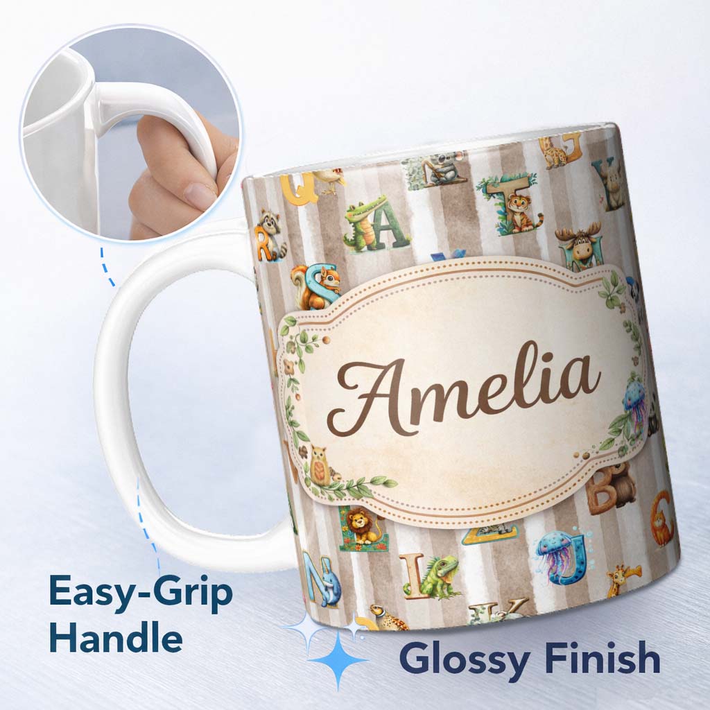 Personalized Custom Name Cute Animal Alphabet Nursery Pattern Beautiful Coffee Cup Lovely 11oz Ceramic Coffee Tea Mug White Large Handle