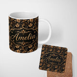Personalized Custom Name Elegant Gold Floral Vine on Black Background with Intricate Lovely 11oz Ceramic Coffee Tea Mug White Large Handle