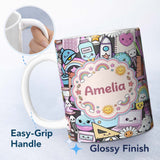 Personalized Custom Name Cute Kawaii School Supplies Rainbow Sun Globe Notebook Pattern Grey 11oz Ceramic Coffee Tea Mug White Large Handle