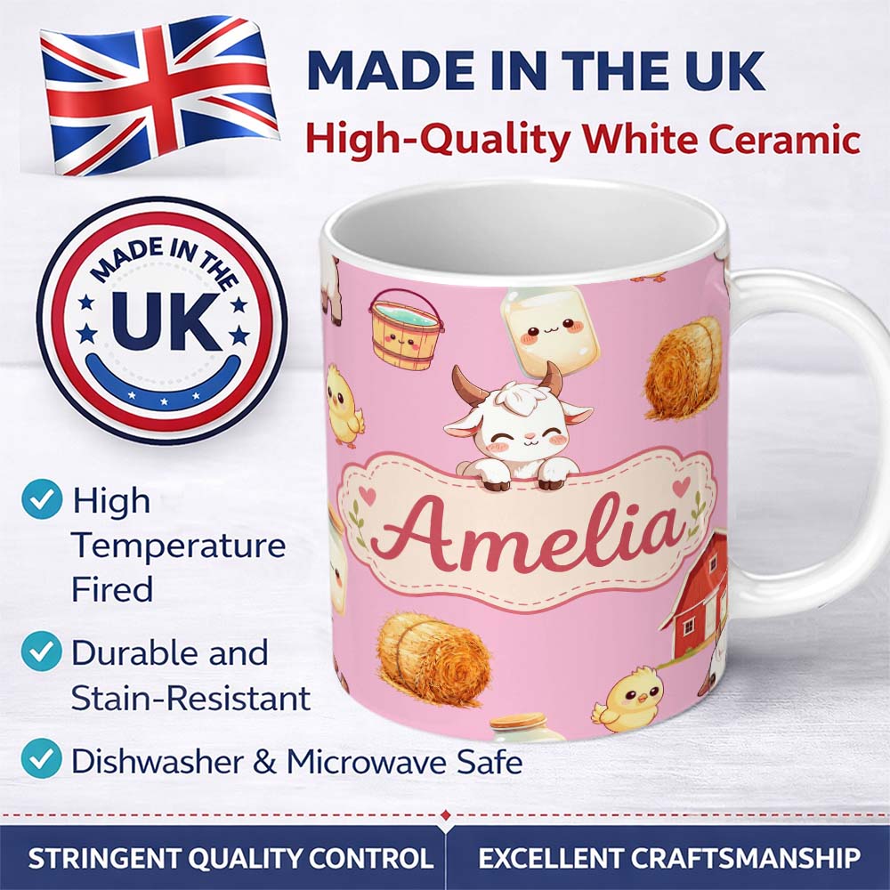 Personalized Custom Name Cute Farm Goat Barn Hay Bale Chick Milk Bucket Pink Background 11oz Ceramic Coffee Tea Mug White Large Handle