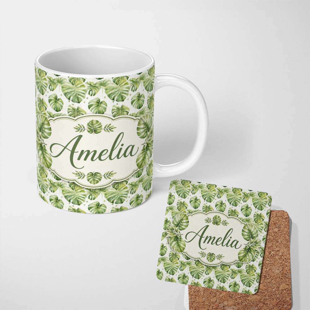 Personalized Custom Name Elegant Monstera Leaves with Soft Neutral Background Seamless Lovely 11oz Ceramic Coffee Tea Mug White Large Handle