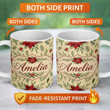 Personalized Custom Name Minimal Christmas Botanical Leaves Pine Branches Festive Holiday 11oz Ceramic Coffee Tea Mug White Large Handle