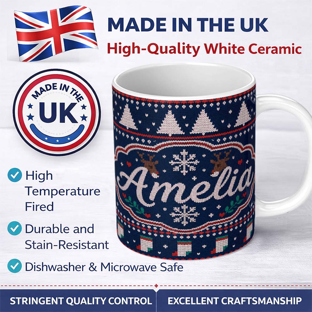Personalized Custom Name Winter Knit Reindeer Mountain Pattern Blue White Snow Nordic Lovely 11oz Ceramic Coffee Tea Mug White Large Handle