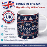 Personalized Custom Name Winter Knit Reindeer Mountain Pattern Blue White Snow Nordic Lovely 11oz Ceramic Coffee Tea Mug White Large Handle