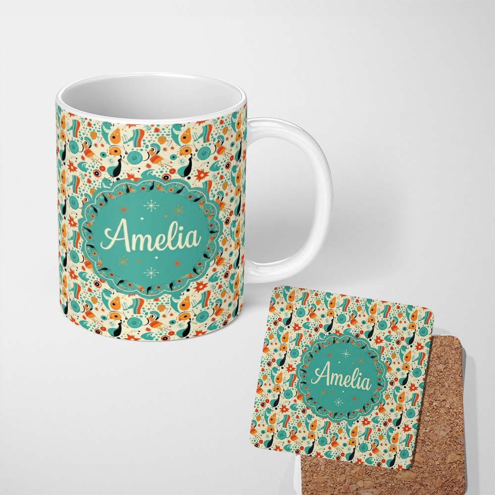Personalized Custom Name Whimsical Abstract Birds and Shapes Teal Orange Mid Century Style 11oz Ceramic Coffee Tea Mug White Large Handle