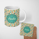 Personalized Custom Name Whimsical Abstract Birds and Shapes Teal Orange Mid Century Style 11oz Ceramic Coffee Tea Mug White Large Handle