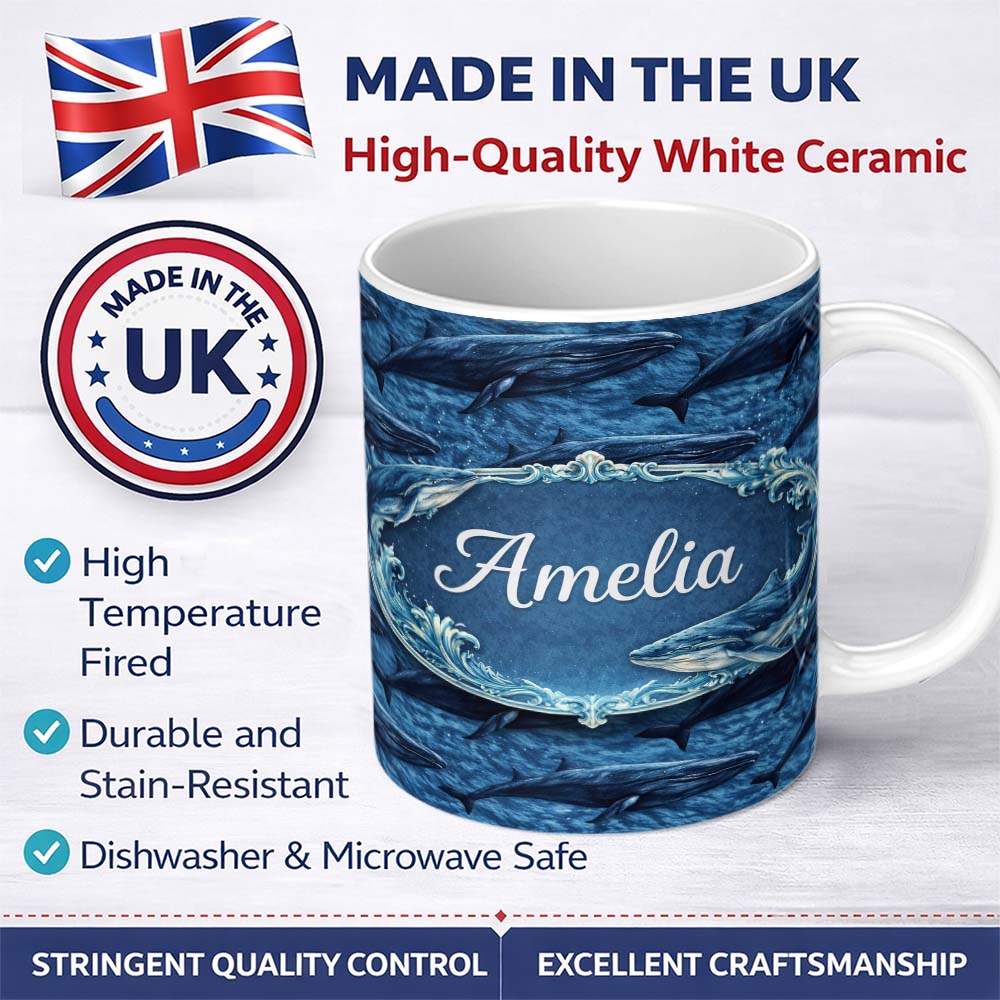 Personalized Custom Name Deep Blue Whale Underwater Seamless Pattern Ocean Marine Design 11oz Ceramic Coffee Tea Mug White Large Handle