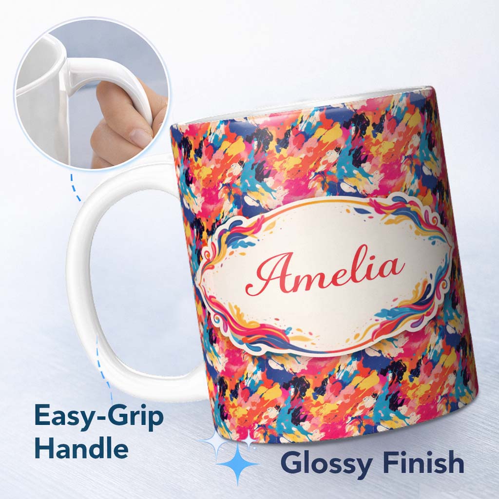 Personalized Custom Name Neon Paint Splash Dark Background Abstract Pattern Cute Unique Gift 11oz Ceramic Coffee Tea Mug White Large Handle