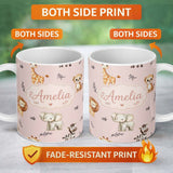 Personalized Custom Name Safari Animals with Elephant Lion and Leopard Cub Soft Blush Pink 11oz Ceramic Coffee Tea Mug White Large Handle