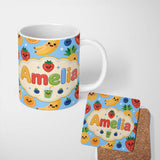 Personalized Custom Name Cute Kawaii Fruits Juice Drink Strawberry Banana Orange Seamless 11oz Ceramic Coffee Tea Mug White Large Handle