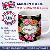 Personalized Custom Name Realistic Rose Flower Seamless Pattern Red Pink Floral Botanical 11oz Ceramic Coffee Tea Mug White Large Handle