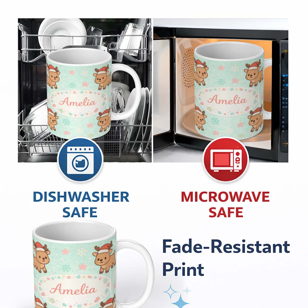 Personalized Custom Name Cute Christmas Reindeer Cartoon Animal Pattern Perfect Gift for Her 11oz Ceramic Coffee Tea Mug White Large Handle