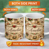 Personalized Custom Name Rustic Vintage Christmas Floral Cards Letters Collage Seamless 11oz Ceramic Coffee Tea Mug White Large Handle