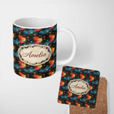 Personalized Custom Name Abstract Cosmic Paint Splash Orange Blue Space Seamless Pattern Dark 11oz Ceramic Coffee Tea Mug White Large Handle