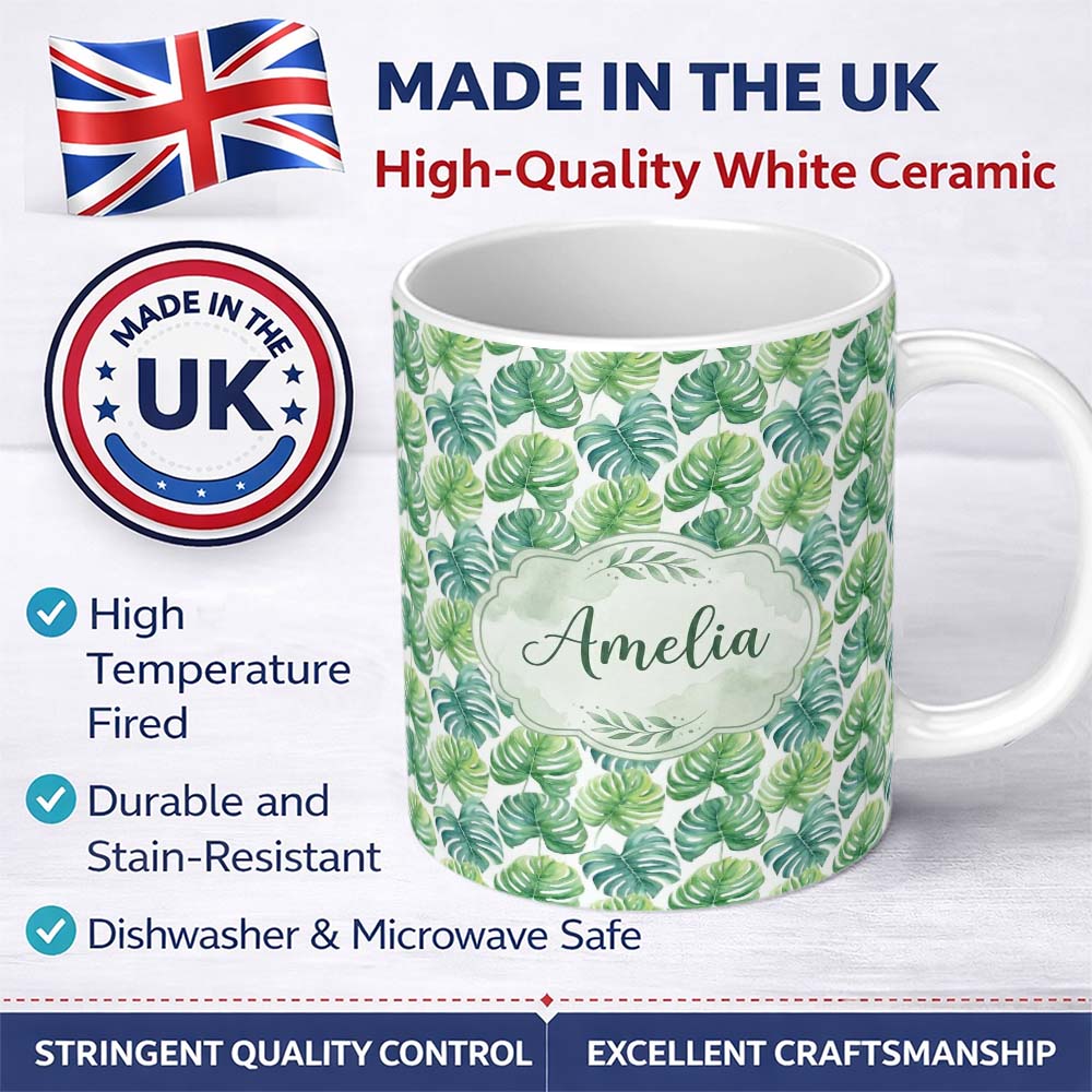 Personalized Custom Name Fresh Watercolor Monstera Leaves in Soft Green Shades Seamless 11oz Ceramic Coffee Tea Mug White Large Handle