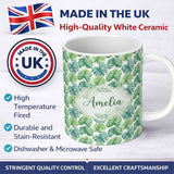 Personalized Custom Name Fresh Watercolor Monstera Leaves in Soft Green Shades Seamless 11oz Ceramic Coffee Tea Mug White Large Handle
