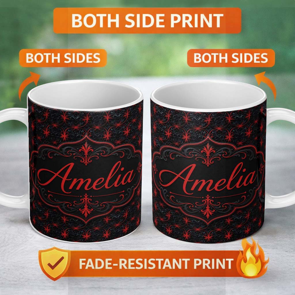 Personalized Custom Name Dark Red Gothic Floral Damask Seamless Pattern Stylish Everyday Mug 11oz Ceramic Coffee Tea Mug White Large Handle