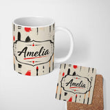 Personalized Custom Name Traditional Japanese Calligraphy Tools and Brush Strokes Layout 11oz Ceramic Coffee Tea Mug White Large Handle