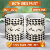 Personalized Custom Name Classic Houndstooth Black Cream Timeless Pattern Cute Unique Gift 11oz Ceramic Coffee Tea Mug White Large Handle
