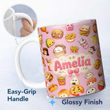 Personalized Custom Name Kawaii Fast Food Burger Sushi Taco Pizza Blush Pink Seamless 11oz Ceramic Coffee Tea Mug White Large Handle