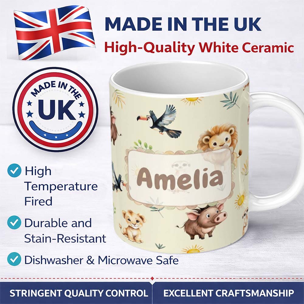 Personalized Custom Name Cute Safari Animal Lion Meerkat Toucan and Warthog with Sun and 11oz Ceramic Coffee Tea Mug White Large Handle