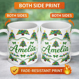 Personalized Custom Name Colorful Christmas Tree with Bright Baubles and Star Top Seamless 11oz Ceramic Coffee Tea Mug White Large Handle