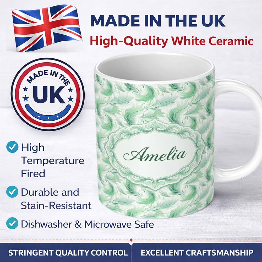 Personalized Custom Name Abstract Mint Green Flowing Feather Swirl Seamless Pattern Lovely 11oz Ceramic Coffee Tea Mug White Large Handle