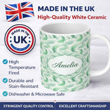 Personalized Custom Name Abstract Mint Green Flowing Feather Swirl Seamless Pattern Lovely 11oz Ceramic Coffee Tea Mug White Large Handle