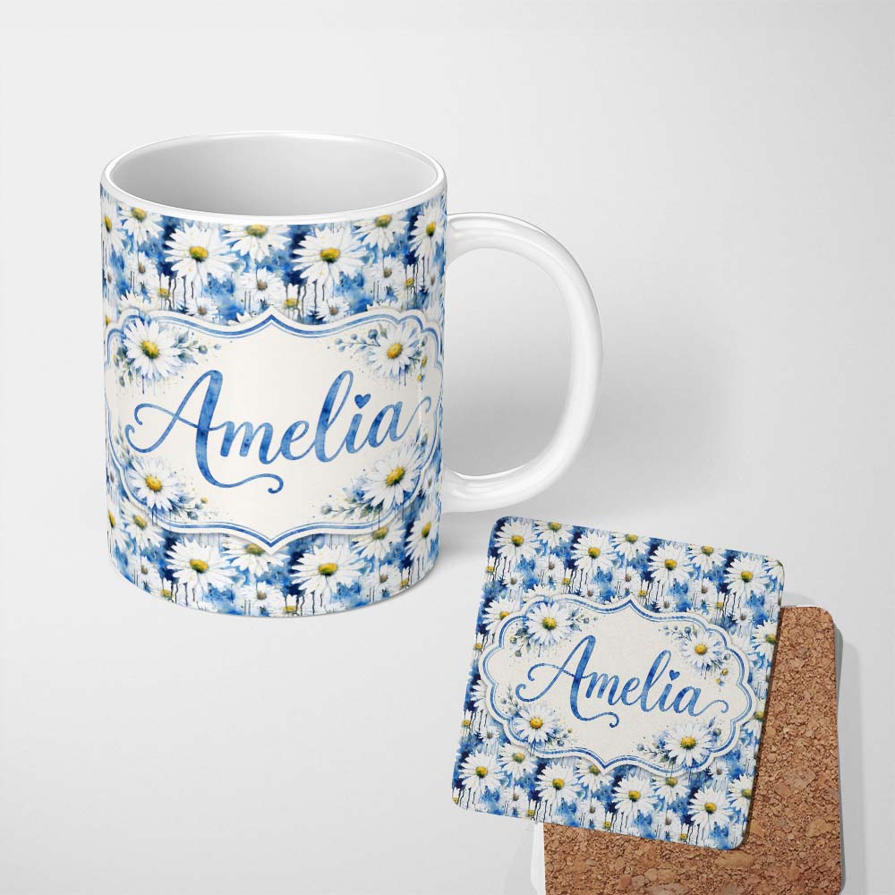 Personalized Custom Name Blue Watercolor Drip Daisy Artistic Seamless Pattern Lovely 11oz Ceramic Coffee Tea Mug White Large Handle