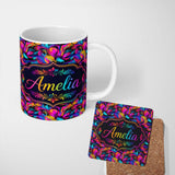 Personalized Custom Name Abstract Fluid Paint Swirl Neon Colors on Dark Background Seamless 11oz Ceramic Coffee Tea Mug White Large Handle