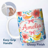 Personalized Custom Name Watercolor Bird Floral Botanical Seamless Pattern Cute Unique Gift 11oz Ceramic Coffee Tea Mug White Large Handle